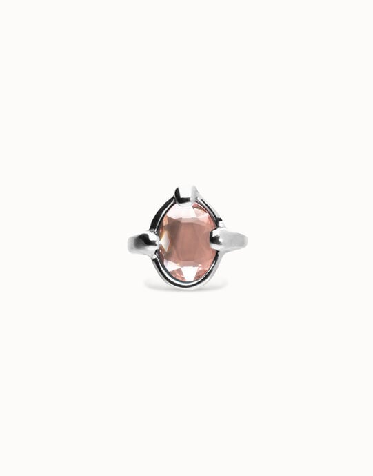 Anillo ba&ntilde;ado en plata con cristal facetado ovalado rosa